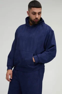 Outlet boohooMAN Plus Oversized Boxy Hooded Faux Suede Relaxed Tracksuit navy