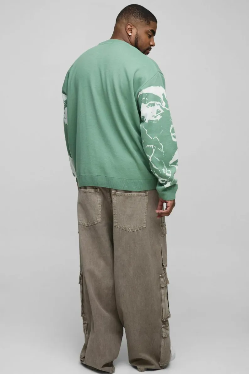 Best Sale boohooMAN Plus Oversized Boxy Line Face Knitted Jumper sage
