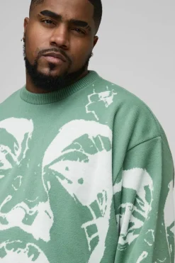Best Sale boohooMAN Plus Oversized Boxy Line Face Knitted Jumper sage