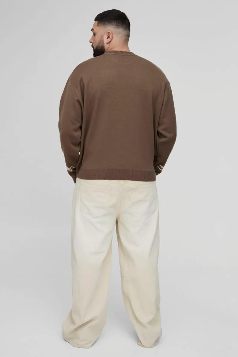 Clearance boohooMAN Plus Oversized Boxy Moto Knitted Jumper taupe