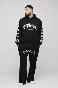 Best boohooMAN Plus Oversized Boxy Official Embroidery Hooded Relaxed Flare Tracksuit black