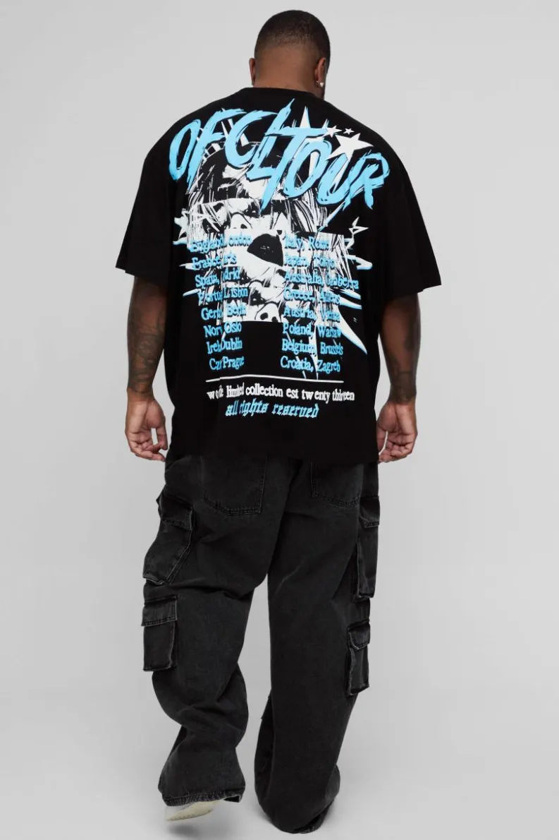 Discount boohooMAN Plus Oversized Boxy Official Tour Large Scale Print T-Shirt black