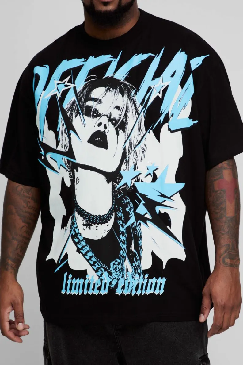Discount boohooMAN Plus Oversized Boxy Official Tour Large Scale Print T-Shirt black