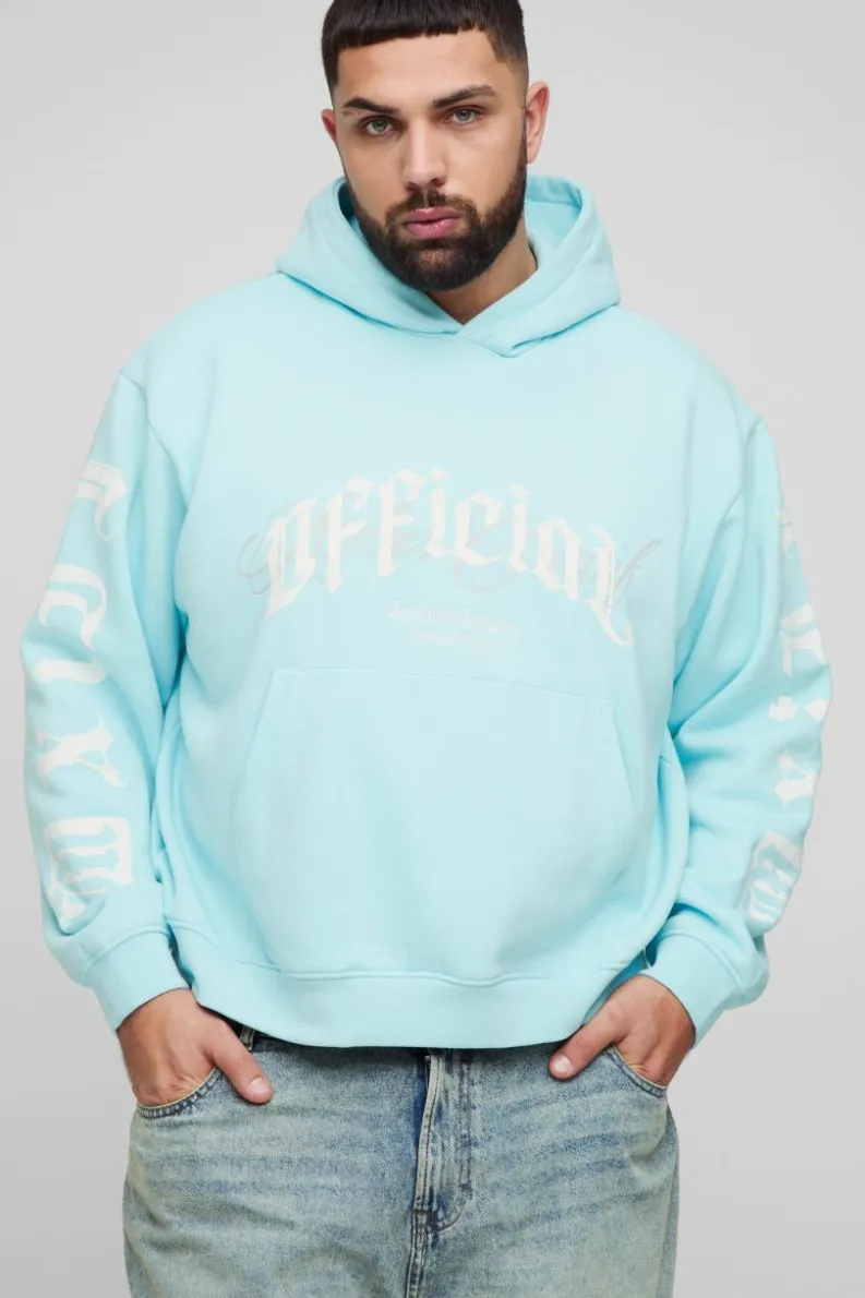 Fashion boohooMAN Plus Oversized Boxy Official Embroidery Hoodie light blue