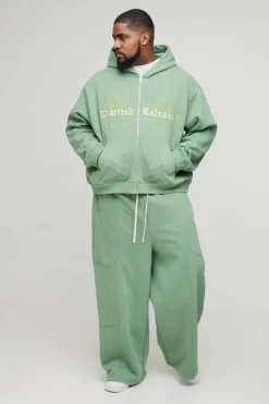 Best boohooMAN Plus Oversized Boxy Seam Detail Limited Hooded Wide Fit Tracksuit green