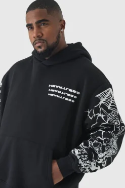 Store boohooMAN Plus Oversized Boxy Sleeve Print Hoodie black