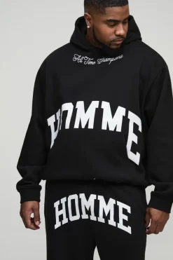 Online boohooMAN Plus Oversized Boxy Split Hem Homme Tracksuit black