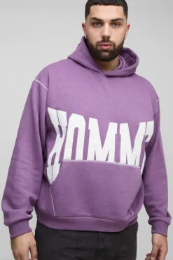 New boohooMAN Plus Oversized Boxy Twill Applique Contrast Stitch Hoodie purple