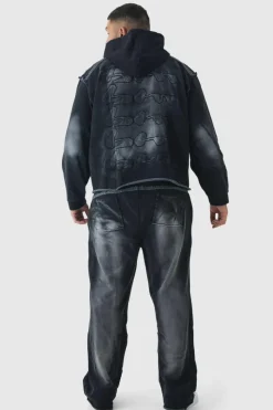 Hot boohooMAN Plus Oversized Boxy Washed Applique Hooded Tracksuit black