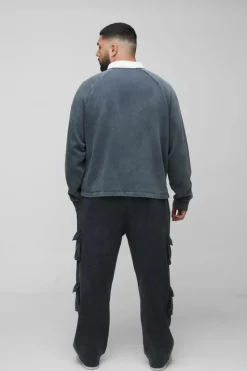 Cheap boohooMAN Plus Oversized Boxy Washed Polo Sweatshirt charcoal
