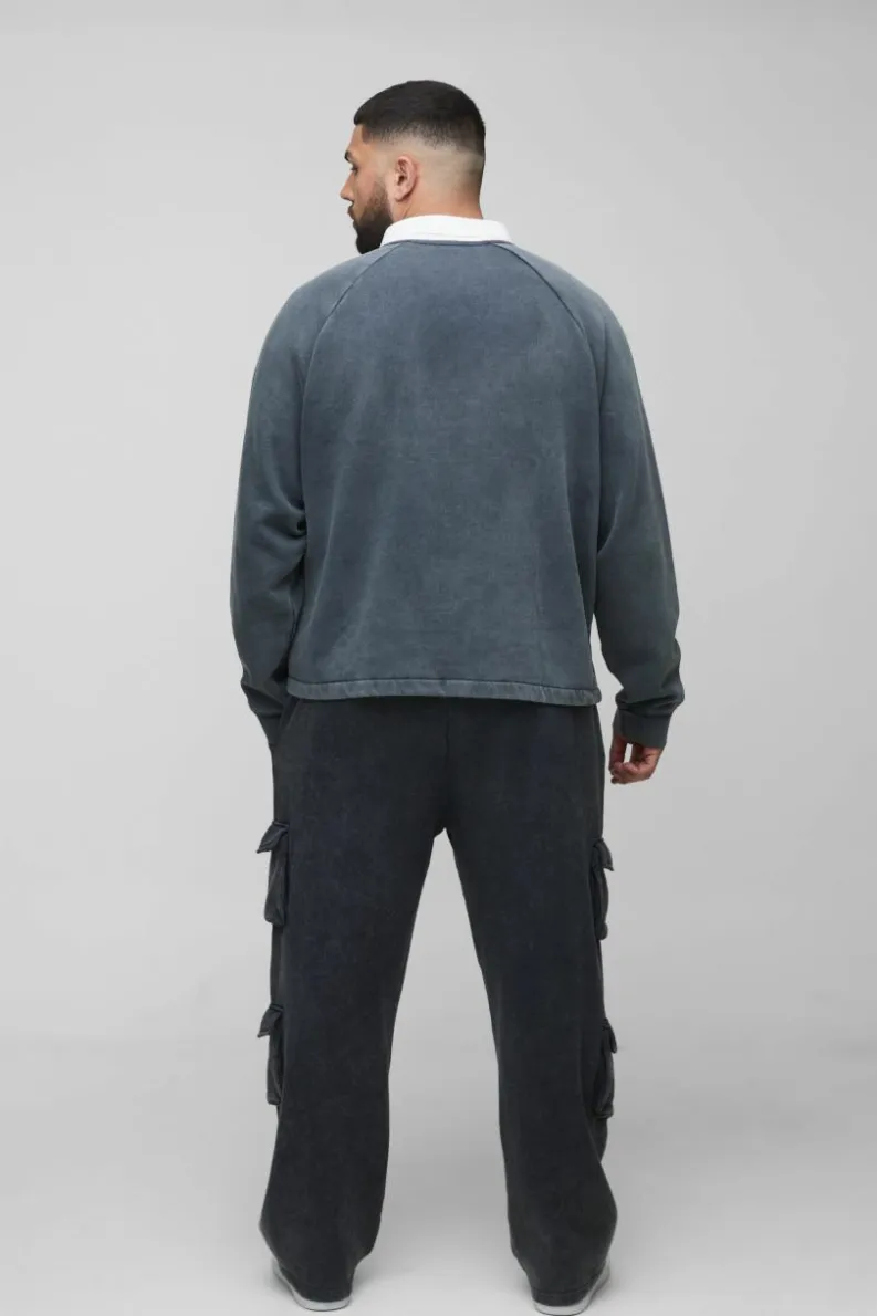 Cheap boohooMAN Plus Oversized Boxy Washed Polo Sweatshirt charcoal