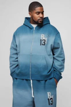 Clearance boohooMAN Plus Oversized Boxy Zip Thru Official Spray Wash Hooded Wide Leg Tracksuit navy