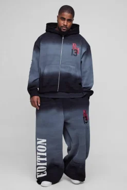 Discount boohooMAN Plus Oversized Boxy Zip Thru Official Spray Wash Hooded Wide Leg Tracksuit black