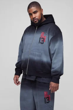 Discount boohooMAN Plus Oversized Boxy Zip Thru Official Spray Wash Hooded Wide Leg Tracksuit black
