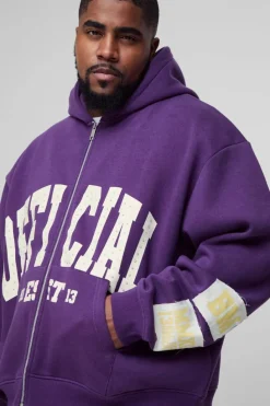 Shop boohooMAN Plus Oversized Boxy Zip Thru Rhinestone Applique Hoodie purple