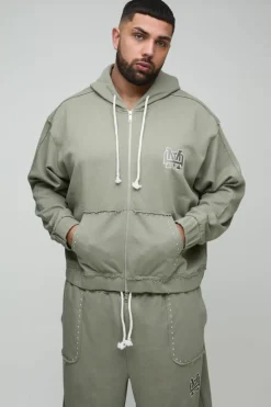 Cheap boohooMAN Plus Oversized Boxy Zip Thru Seam Detail Hooded Tracksuit stone