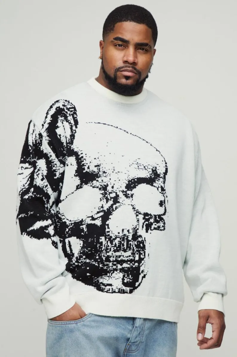 Online boohooMAN Plus Oversized Butterfly Skull Knitted Jumper ecru