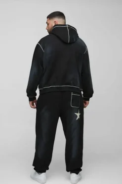 Flash Sale boohooMAN Plus Oversized Contrast Stitch Lmted Spray Wash Hooded Tracksuit black