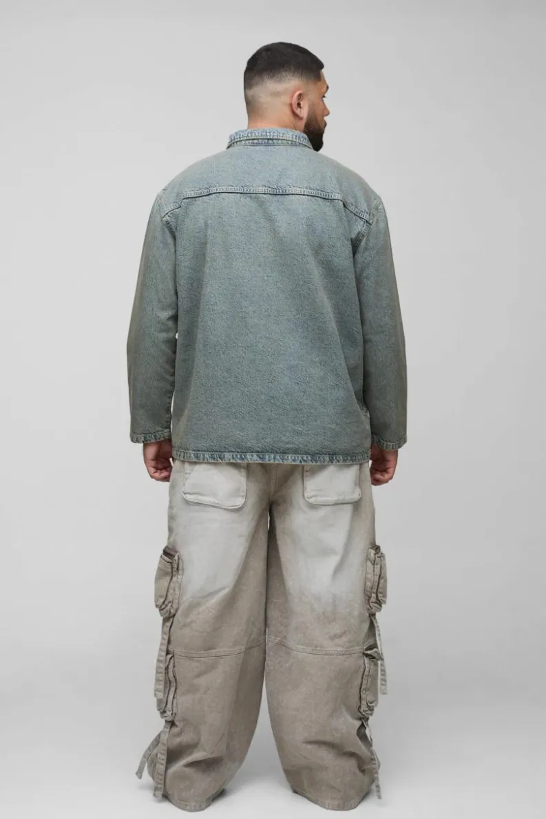 Outlet boohooMAN Plus Oversized Denim Rugby Shirt antique wash