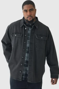 Shop boohooMAN Plus Oversized Denim Shirt washed black