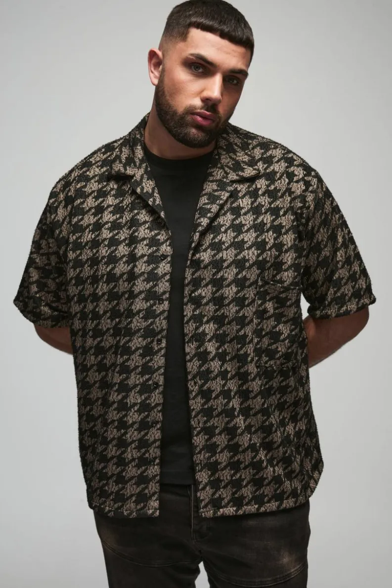 Best Sale boohooMAN Plus Oversized Dogtooth Boucle Shirt charcoal