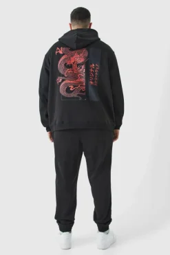 Store boohooMAN Plus Oversized Dragon Graphic Hoodie black