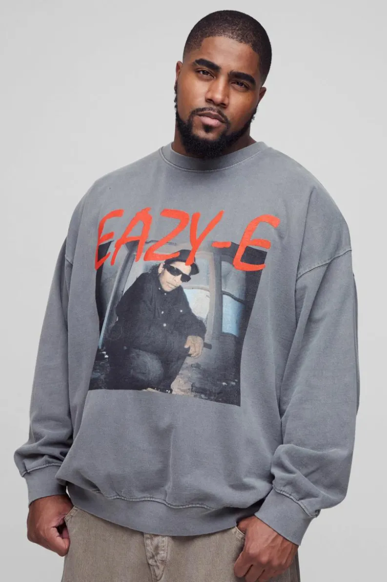 Cheap boohooMAN Plus Oversized Eazy-E Wash License Print Sweatshirt charcoal