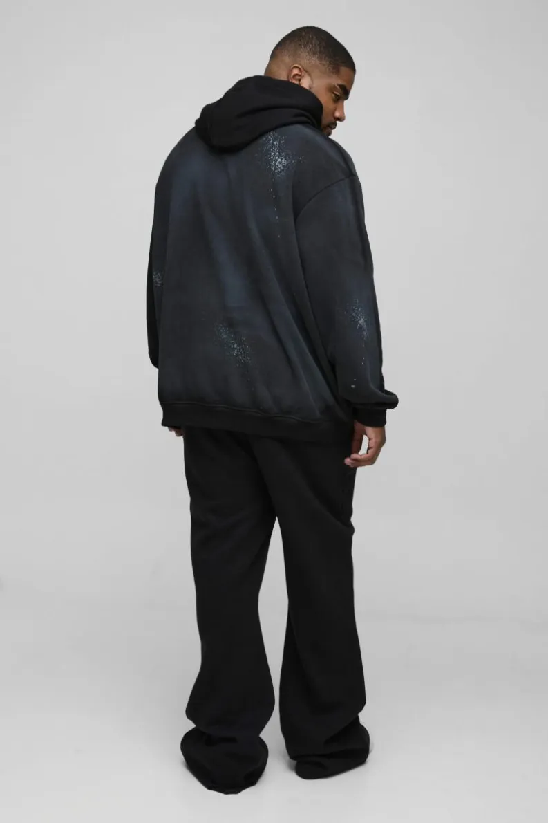 Shop boohooMAN Plus Oversized Embroidered Spray Wash Hoodie black