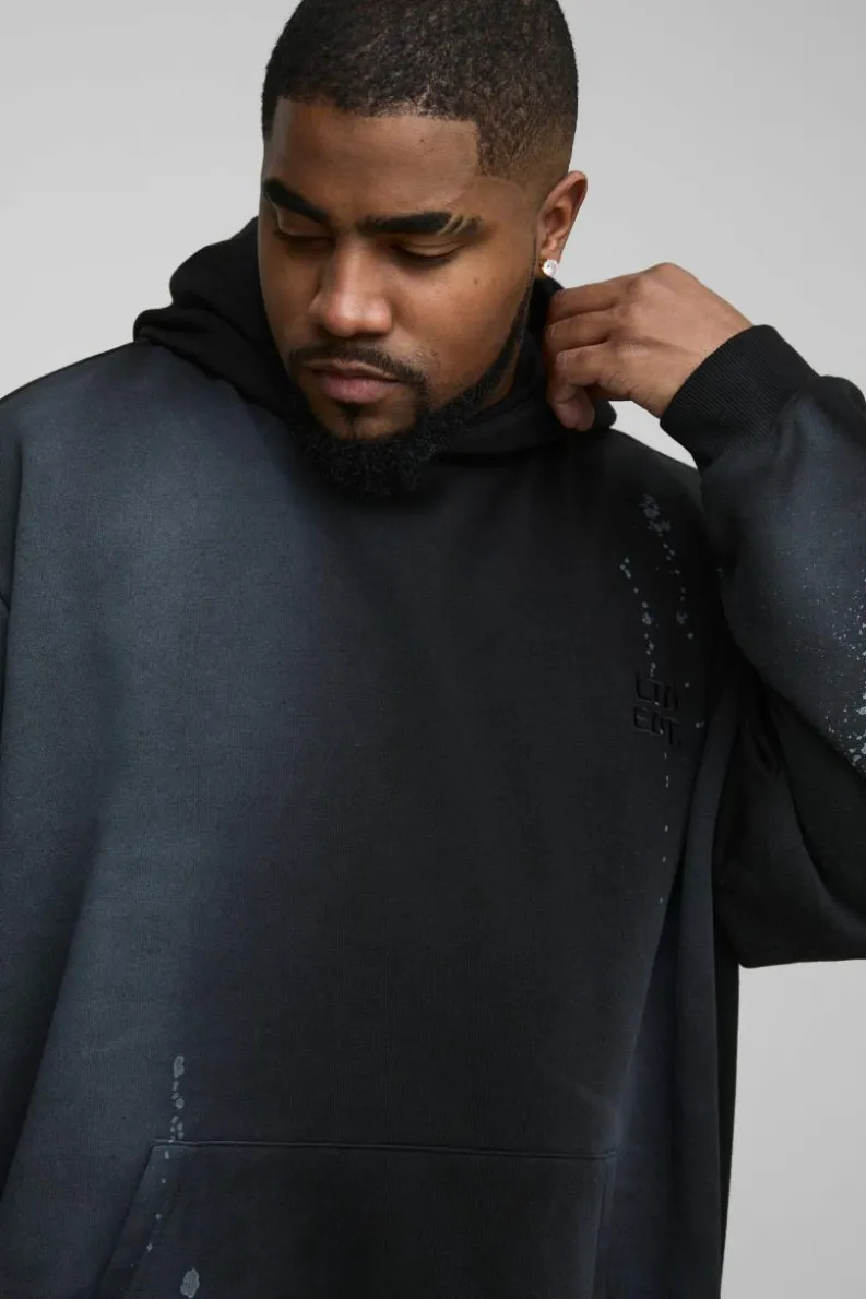 Shop boohooMAN Plus Oversized Embroidered Spray Wash Hoodie black