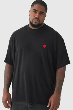 New boohooMAN Plus Oversized Extended Neck Heart Embroidered T-Shirt black