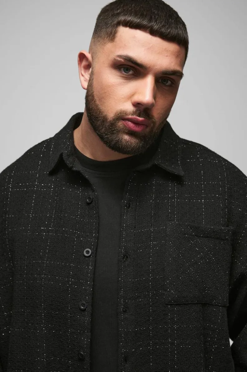 Outlet boohooMAN Plus Oversized Fit Boucle Overshirt black