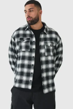 Flash Sale boohooMAN Plus Oversized Fit Large Scale Mono Brushed Checked Shirt black
