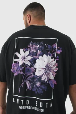 Cheap boohooMAN Plus Oversized Floral Back Graphic T-shirt black