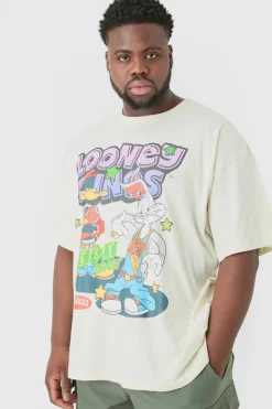 Outlet boohooMAN Plus Oversized Looney Tunes License T-shirt ecru