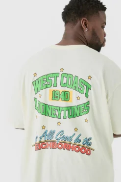Outlet boohooMAN Plus Oversized Looney Tunes License T-shirt ecru