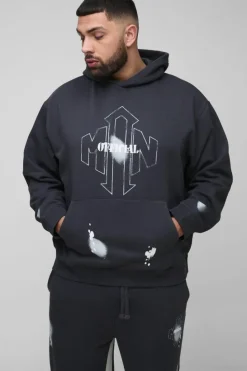 Discount boohooMAN Plus Oversized Man Paint Splatter Hooded Relaxed Flare Tracksuit black