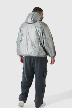 Store boohooMAN Plus Oversized Metallic Hooded Puffer Jacket In charcoal