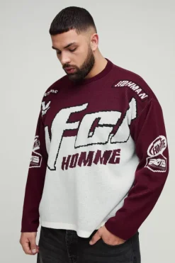Discount boohooMAN Plus Oversized Moto Knitted Long Sleeve T-Shirt burgundy