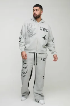 Hot boohooMAN Plus Oversized Multi Placement Graffiti Zip Through Gusset Hooded Tracksuit grey