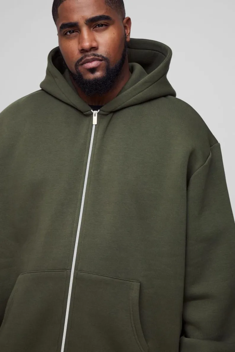 Online boohooMAN Plus Oversized Official Varsity Embossed Zip Through Hoodie khaki