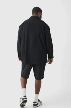 Shop boohooMAN Plus Oversized Pleated Crinkle Shirt black