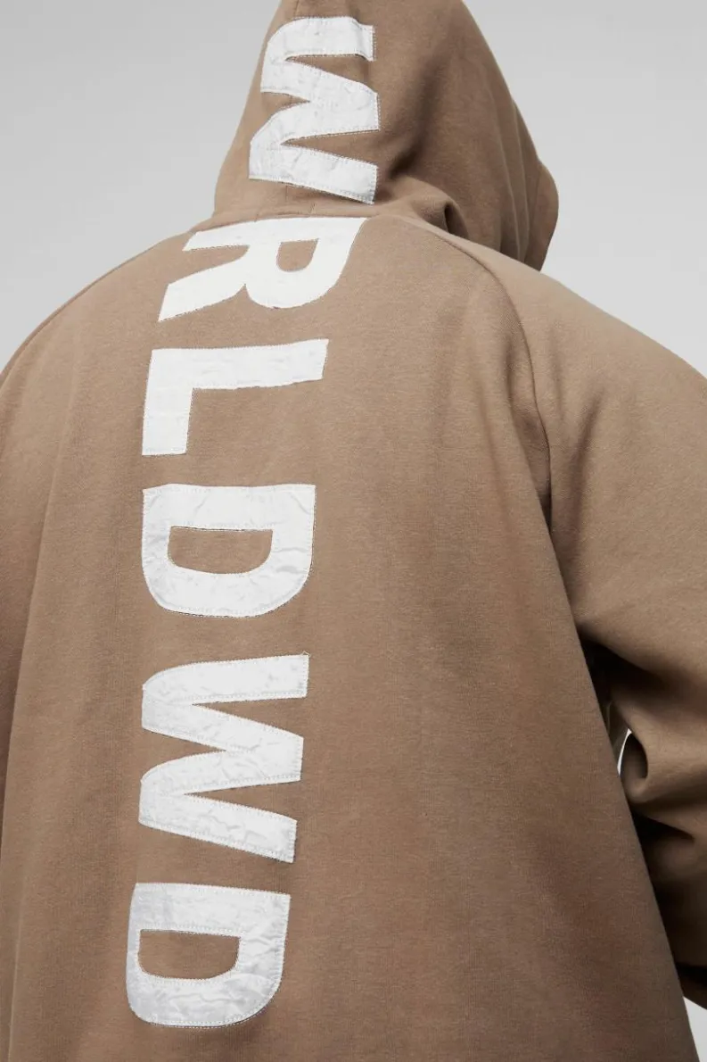 Discount boohooMAN Plus Oversized Raglan Satin Applique WRLDWD Zip Thru Hoodie brown