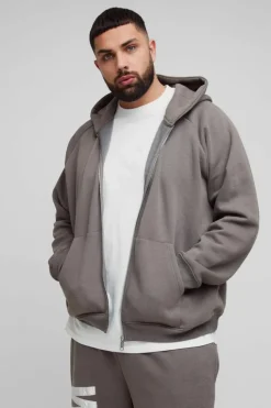 Hot boohooMAN Plus Oversized Raglan Satin Applique WRLDWD Zip Thru Hoodie charcoal