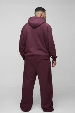 Online boohooMAN Plus Oversized Raglan Zip Thru Embroidered Spray Wash Hooded Tracksuit burgundy