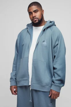 Cheap boohooMAN Plus Oversized Raglan Zip Thru Embroidered Spray Wash Hoodie charcoal