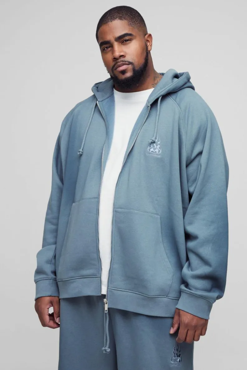 Cheap boohooMAN Plus Oversized Raglan Zip Thru Embroidered Spray Wash Hoodie charcoal