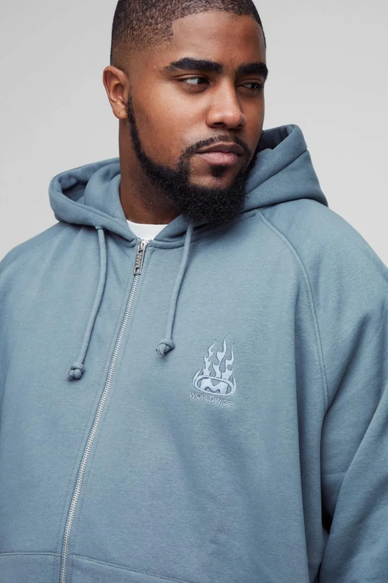 Cheap boohooMAN Plus Oversized Raglan Zip Thru Embroidered Spray Wash Hoodie charcoal