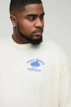 Online boohooMAN Plus Oversized Saint Tropez Print T-shirt ecru