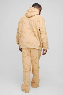 Flash Sale boohooMAN Plus Oversized Star All Over Printed Gusset Flare Hooded Tracksuit stone