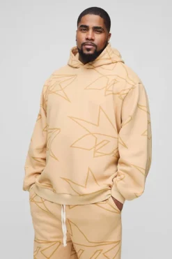 Flash Sale boohooMAN Plus Oversized Star All Over Printed Gusset Flare Hooded Tracksuit stone